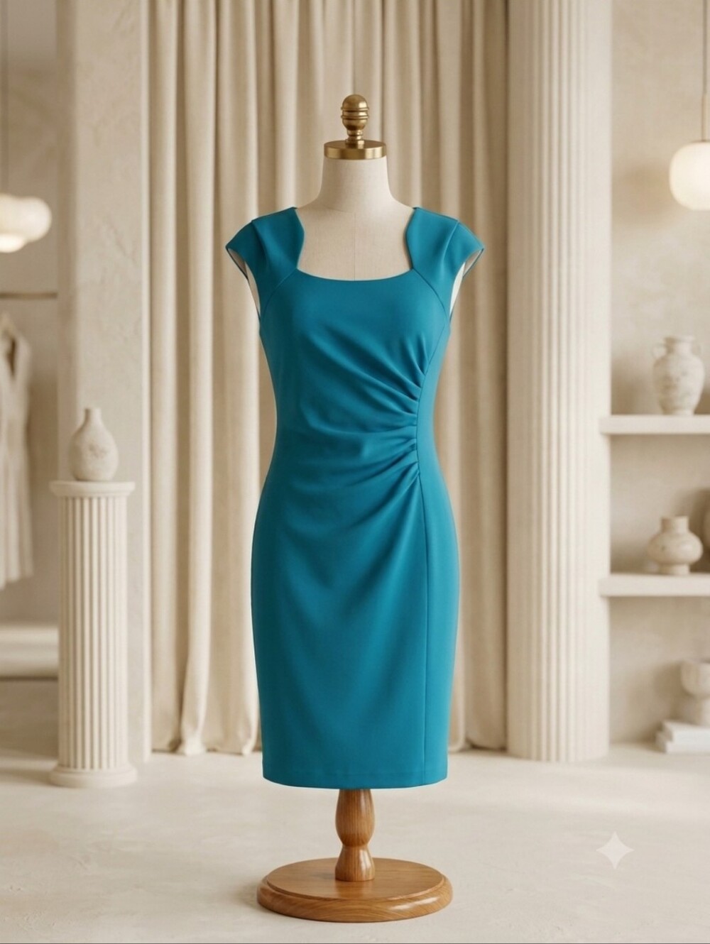 Calvin Klein Teal Ruched Front Fitted Cap Sleeve Dress Size 4